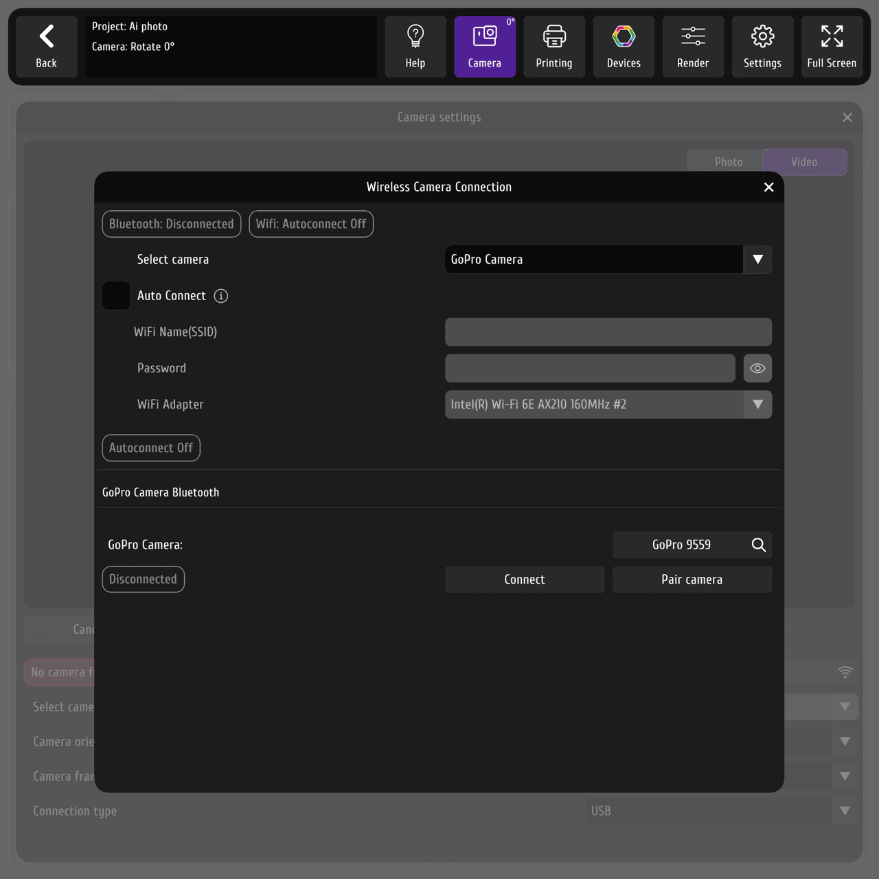Экран Wireless Camera Connection с полями Wi-Fi