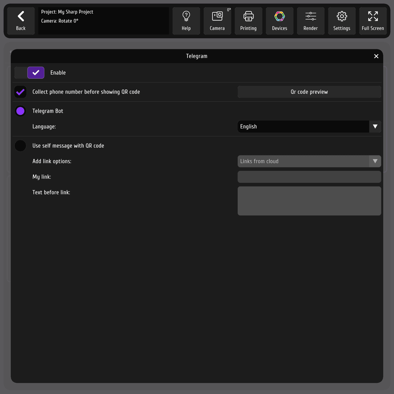 Настройки отправки через Telegram
