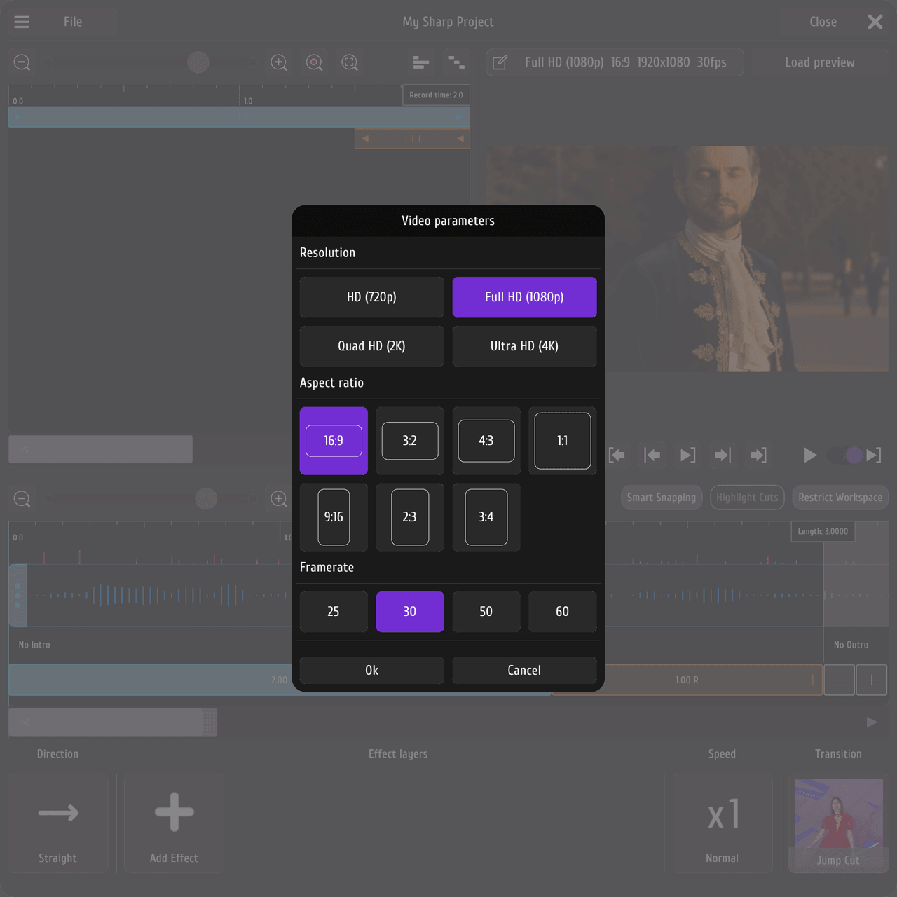 Поп-ап Video Parameters — разрешение, соотношение сторон и FPS